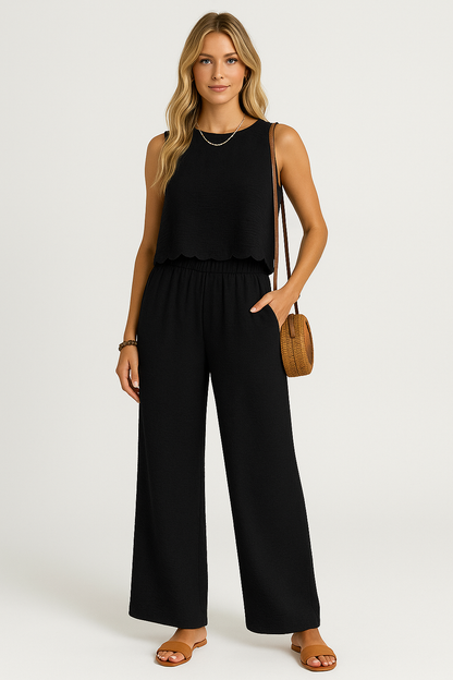 Women’s Top and Pants Set – Lightweight Woven Fabric – Relaxed Fit – Cropped Top