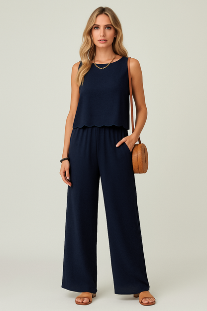 Women’s Top and Pants Set – Lightweight Woven Fabric – Relaxed Fit – Cropped Top