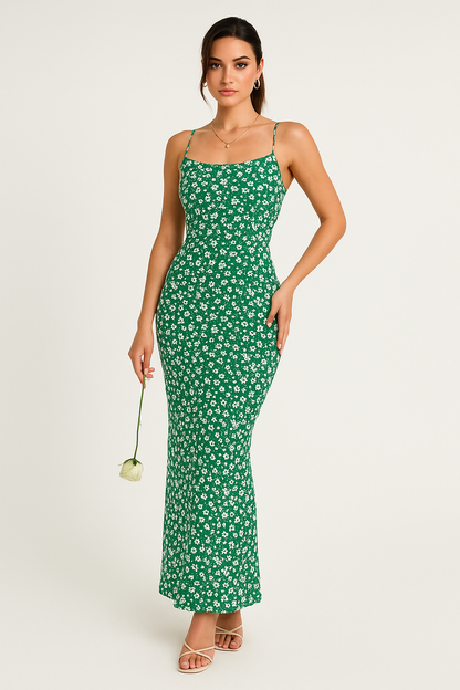 Women’s Sundress – Slim Fit – Floral Print – Spaghetti Straps – Open Back – Full Length