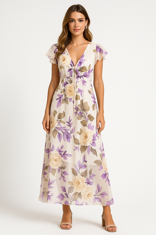 Women’s Midi Dress – Lightweight Chiffon – V-Neck – Ruffled Sleeves – Floral Print