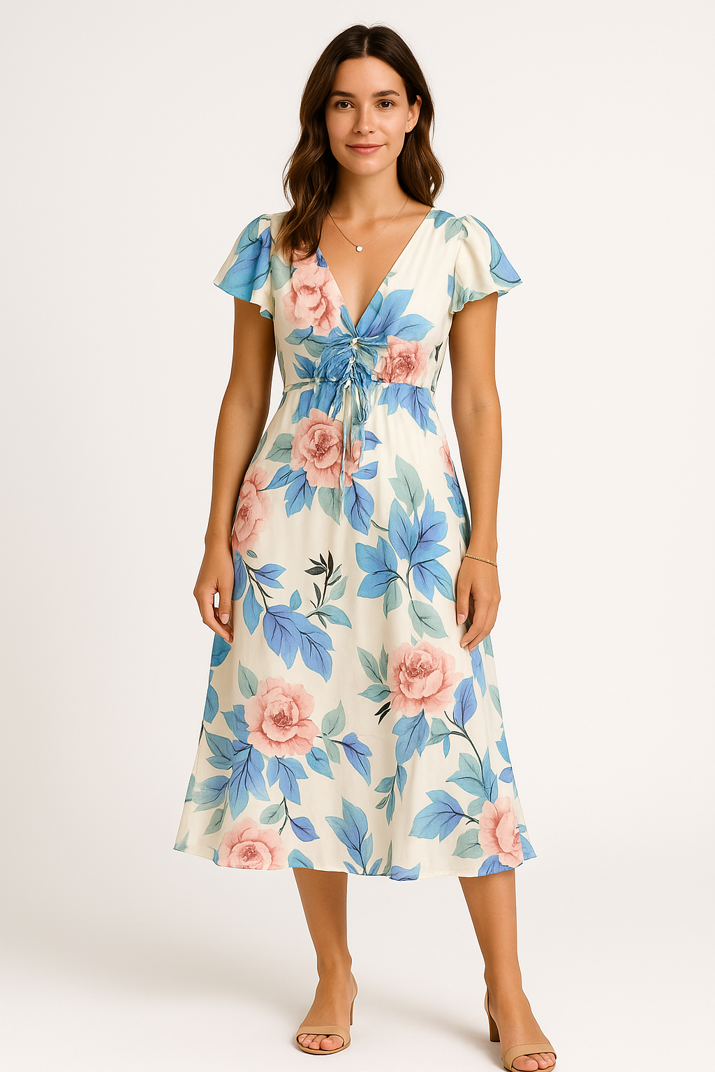 Women’s Midi Dress – Lightweight Chiffon – V-Neck – Ruffled Sleeves – Floral Print