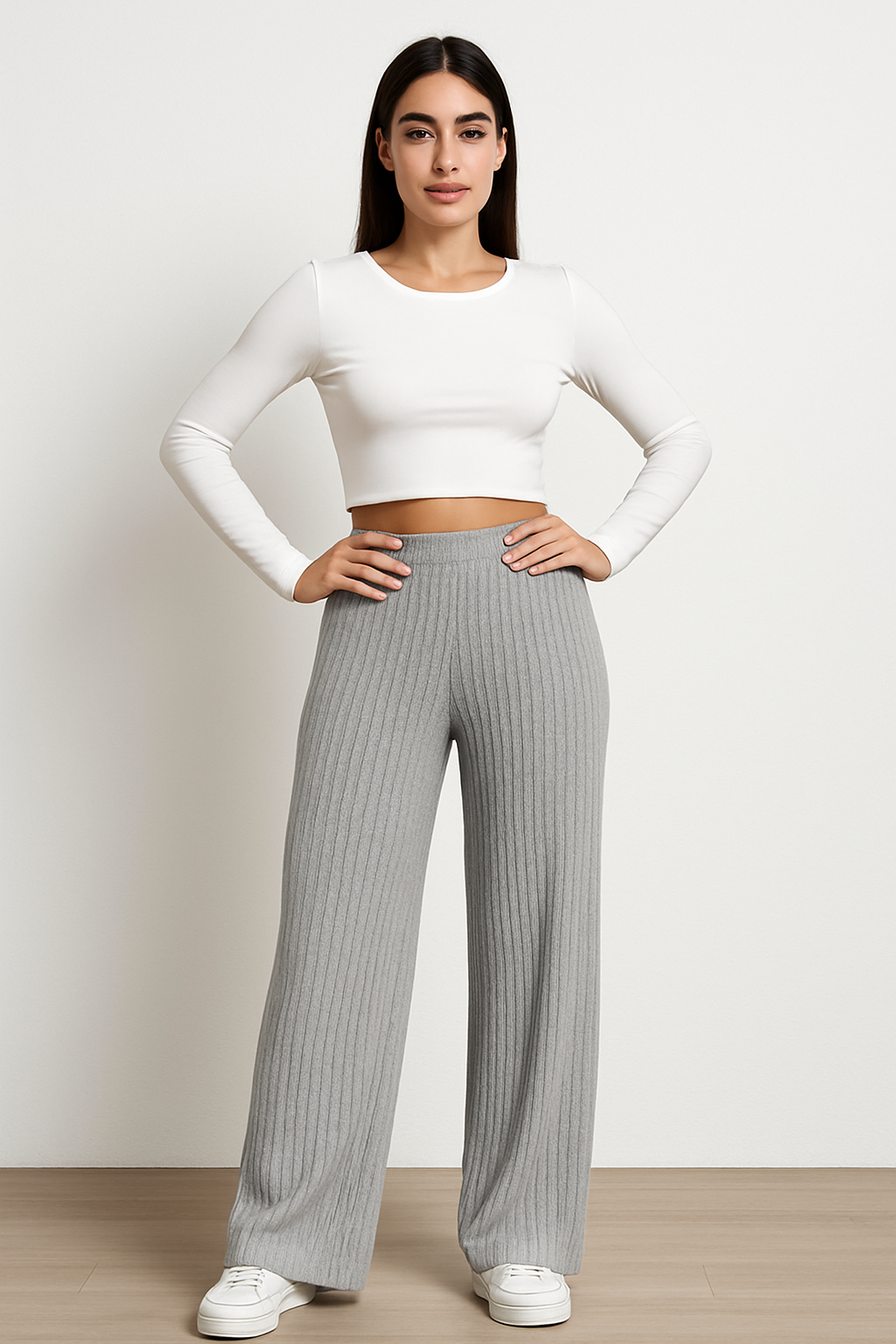 Women’s Wide-Leg Pants – Soft Knit – High Waist – Full Length Relaxed Fit