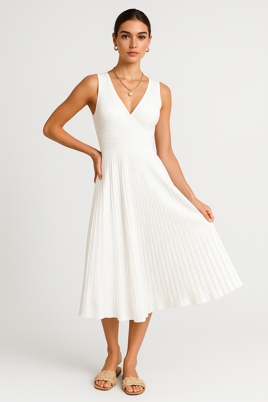 Women’s Midi Dress – Soft Knit – V-Neck – Sleeveless – Pleated A-Line – High Waist