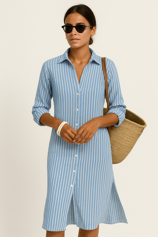 Women’s Shirt Dress – Relaxed Fit – Button Down – Midi Length – Breathable Blend