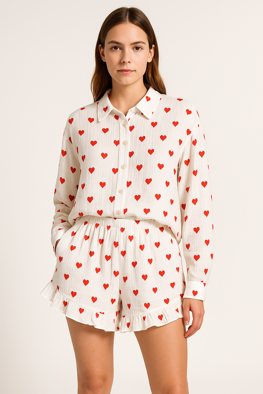 Women’s Loungewear Set – Cotton Blend – Relaxed Fit – Heart Print – Button Shirt & Shorts