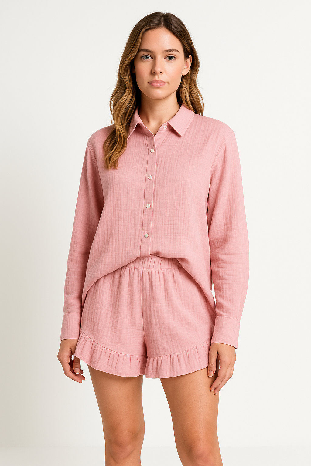 Women’s Loungewear Set – Cotton Blend – Relaxed Fit – Heart Print – Button Shirt & Shorts