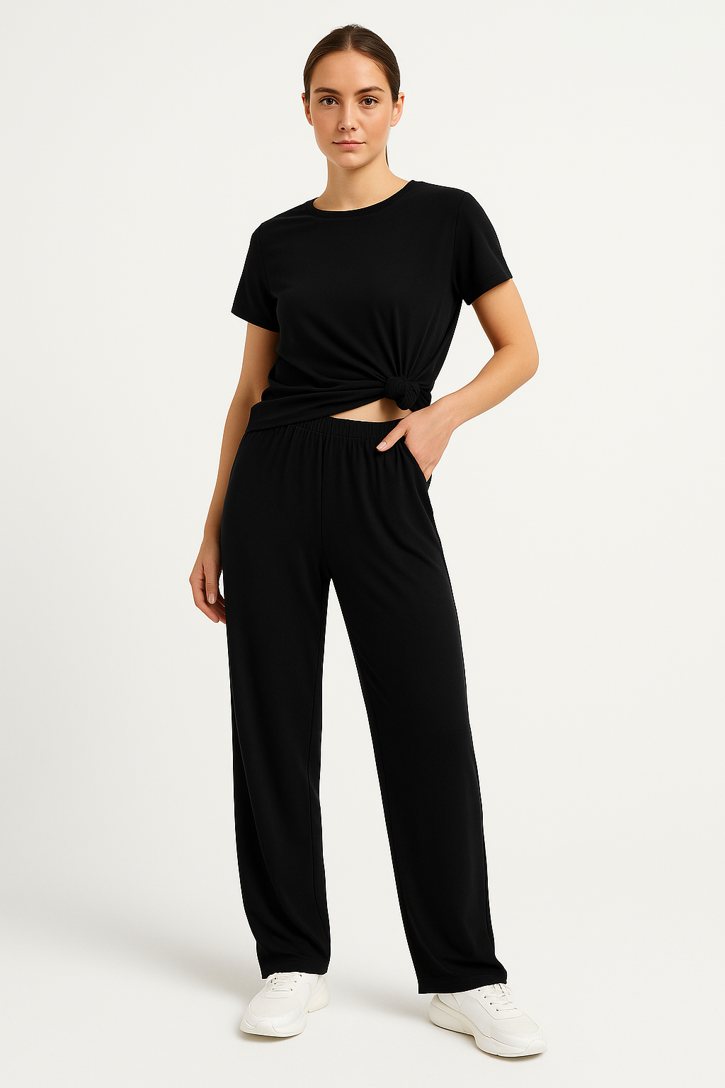 Women’s Lounge Set – Soft Knit – Cropped Top – Wide-Leg Pants – Relaxed Fit