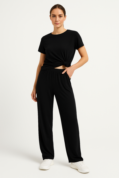 Women’s Lounge Set – Soft Knit – Cropped Top – Wide-Leg Pants – Relaxed Fit