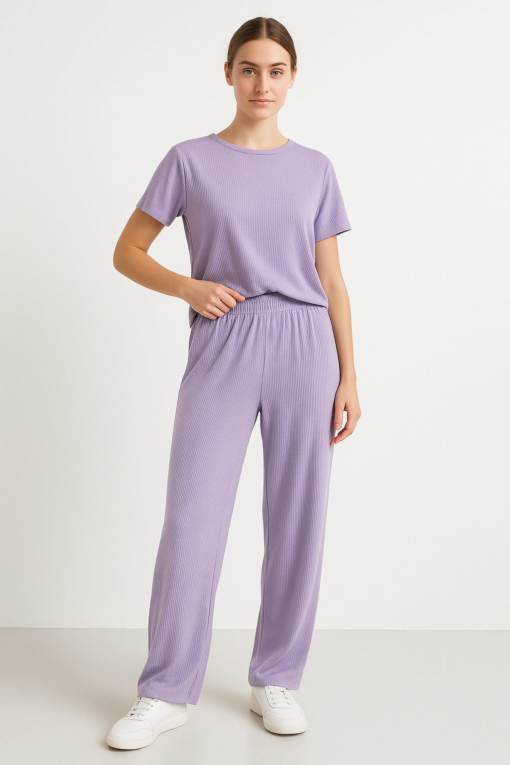 Women’s Lounge Set – Soft Knit – Cropped Top – Wide-Leg Pants – Relaxed Fit