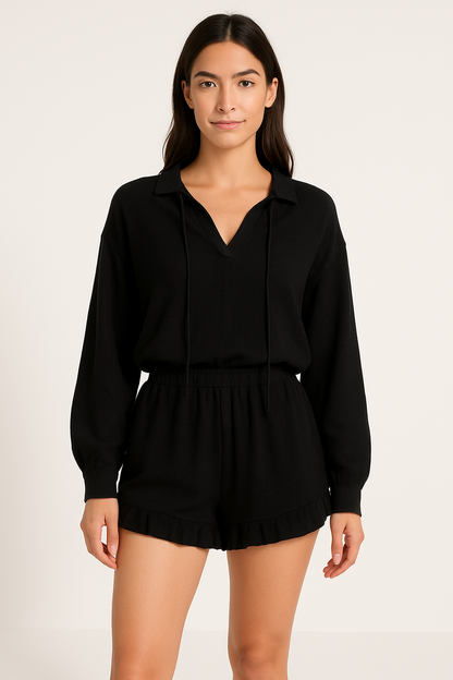 Women’s Two-Piece Set – Relaxed Fit V-Neck Top with Balloon Sleeves – Ruffle Hem Shorts