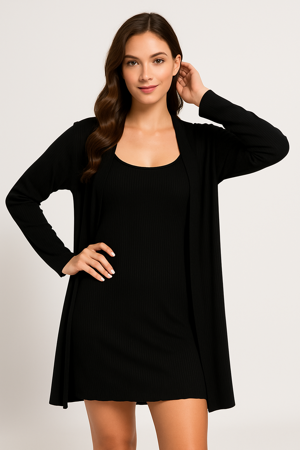 Women’s Loungewear Set – Ribbed Knit – Slim Fit Sleep Dress & Relaxed Open Robe