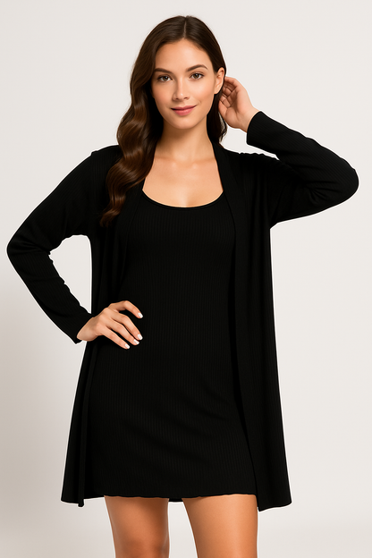 Women’s Loungewear Set – Ribbed Knit – Slim Fit Sleep Dress & Relaxed Open Robe