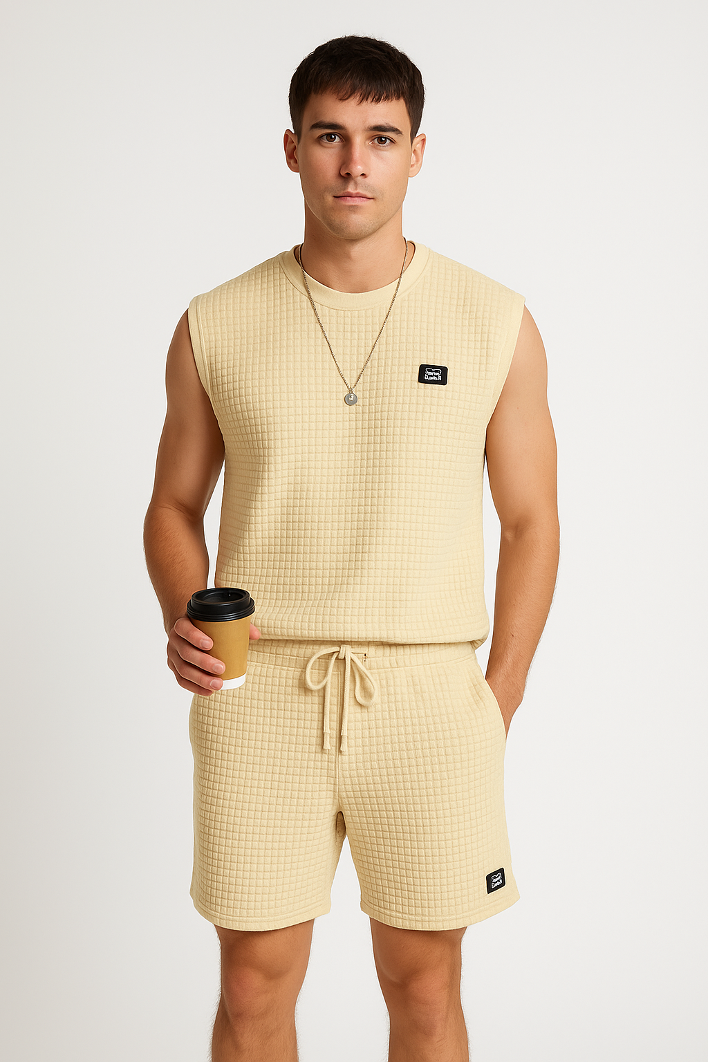 Men’s Sleeveless Lounge Set – Soft Waffle Knit – Relaxed Fit – Drawstring Shorts