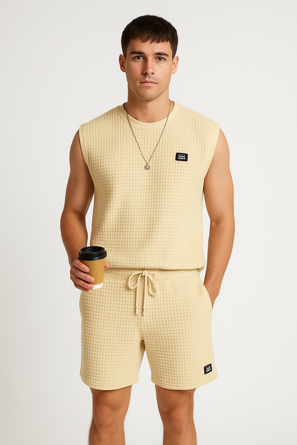 Men’s Sleeveless Lounge Set – Soft Waffle Knit – Relaxed Fit – Drawstring Shorts