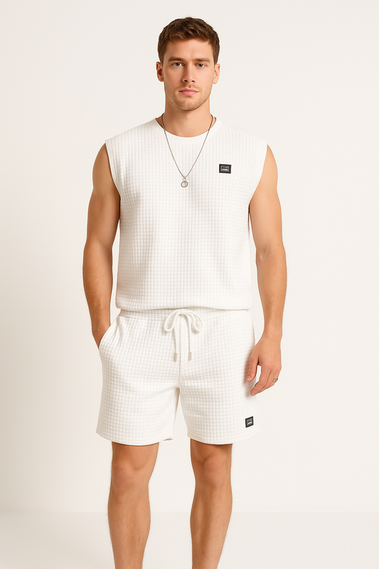 Men’s Sleeveless Lounge Set – Soft Waffle Knit – Relaxed Fit – Drawstring Shorts