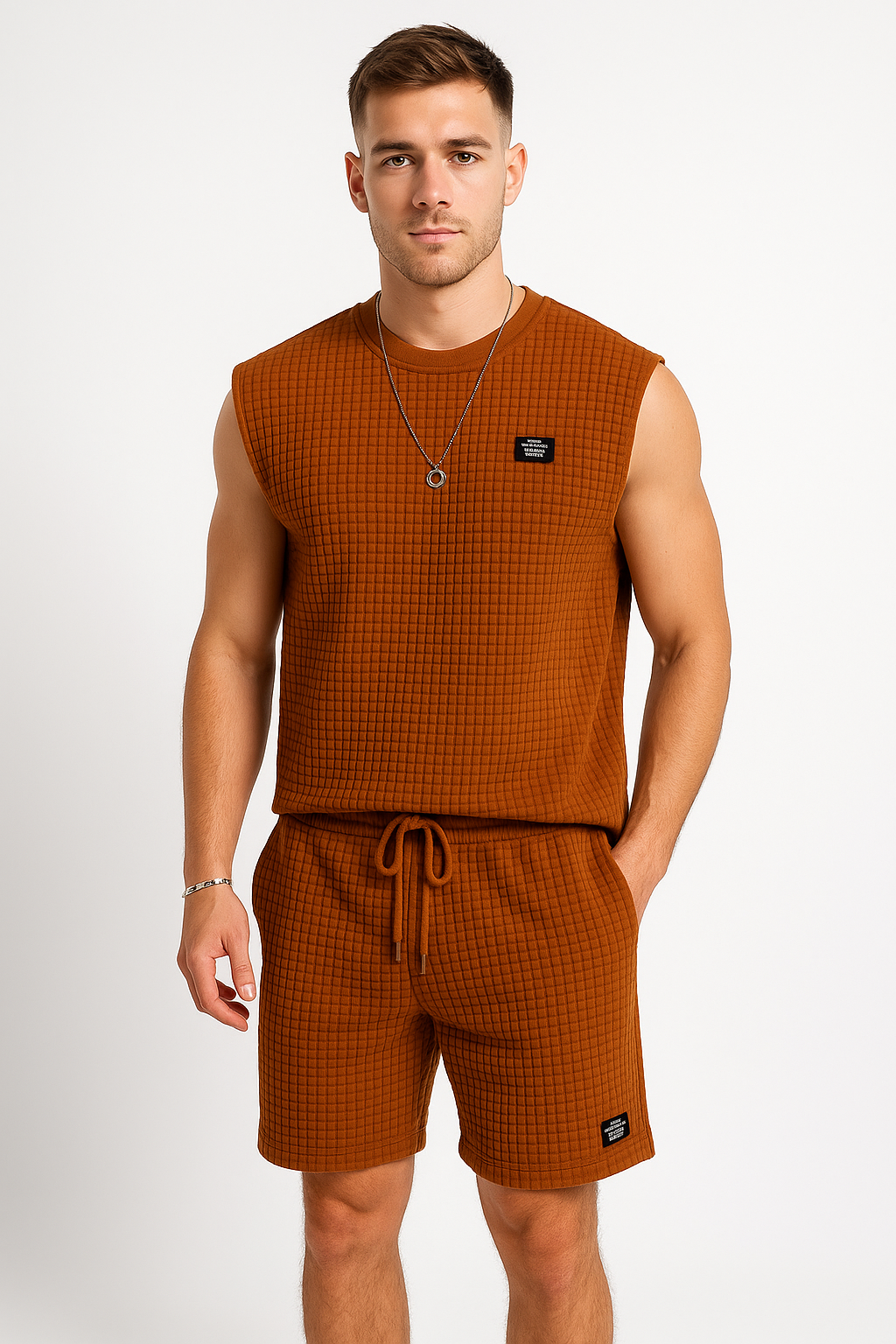 Men’s Sleeveless Lounge Set – Soft Waffle Knit – Relaxed Fit – Drawstring Shorts