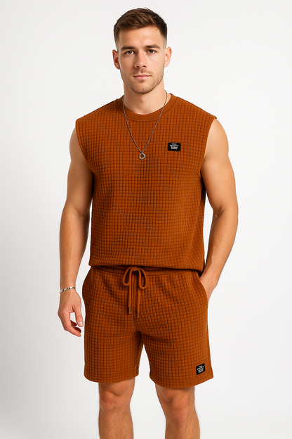Men’s Sleeveless Lounge Set – Soft Waffle Knit – Relaxed Fit – Drawstring Shorts