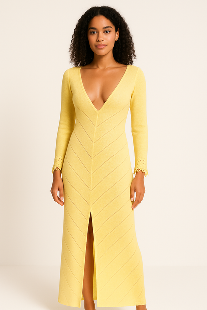 Women’s Knit Maxi Dress – Slim Fit – V-Neck – High Slit – Openwork Sleeves