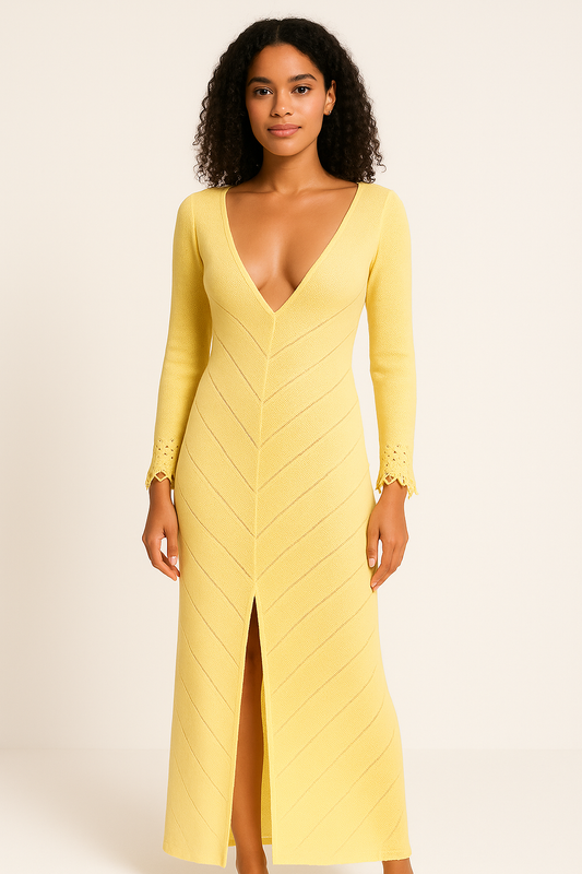 Women’s Knit Maxi Dress – Slim Fit – V-Neck – High Slit – Openwork Sleeves