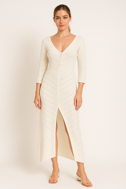 Women’s Knit Maxi Dress – Slim Fit – V-Neck – High Slit – Openwork Sleeves