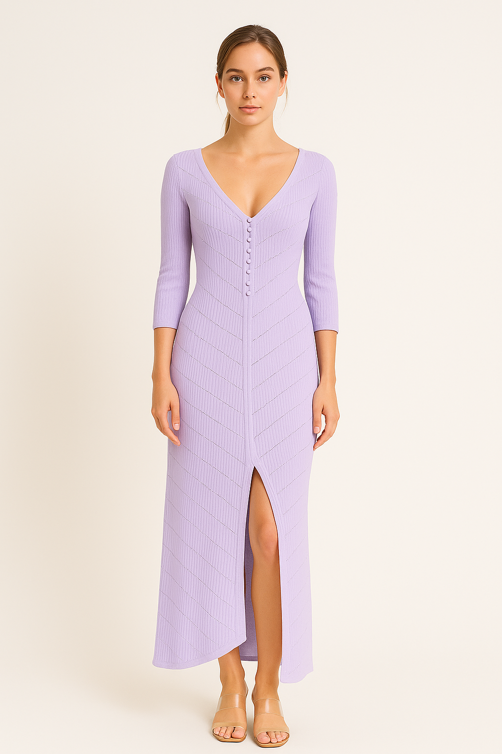 Women’s Knit Maxi Dress – Slim Fit – V-Neck – High Slit – Openwork Sleeves