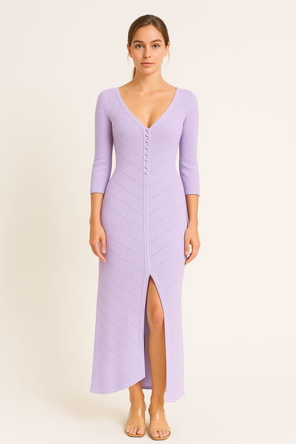 Women’s Knit Maxi Dress – Slim Fit – V-Neck – High Slit – Openwork Sleeves
