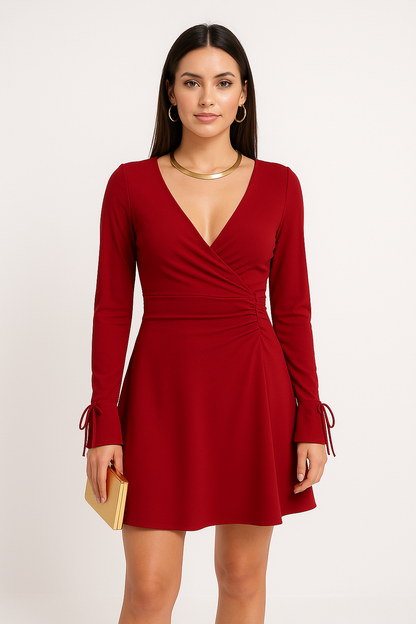 Women’s Mini Dress – Slim Fit – Deep V Neck – Backless – Ruched – Flared Cuffs