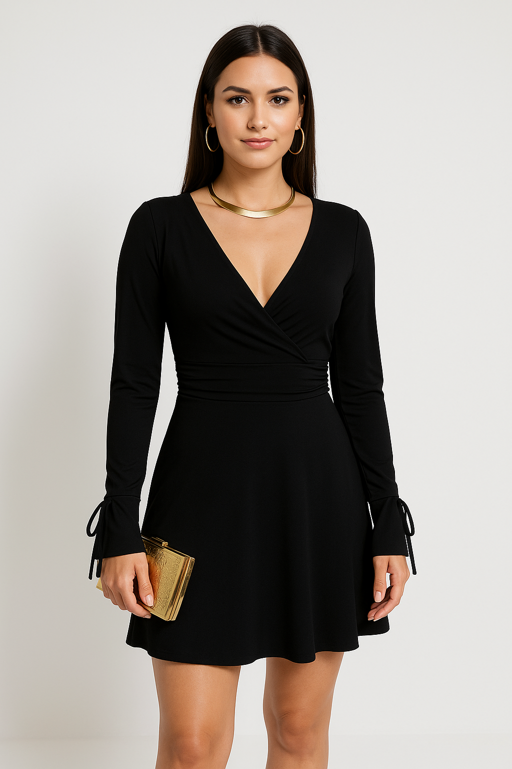 Women’s Mini Dress – Slim Fit – Deep V Neck – Backless – Ruched – Flared Cuffs