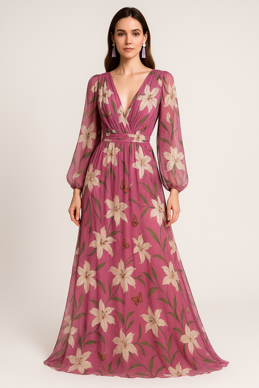 Women’s Long Dress – Sheer Chiffon – Floral Print – V-Neck – Flowing Fit – Long Sleeve