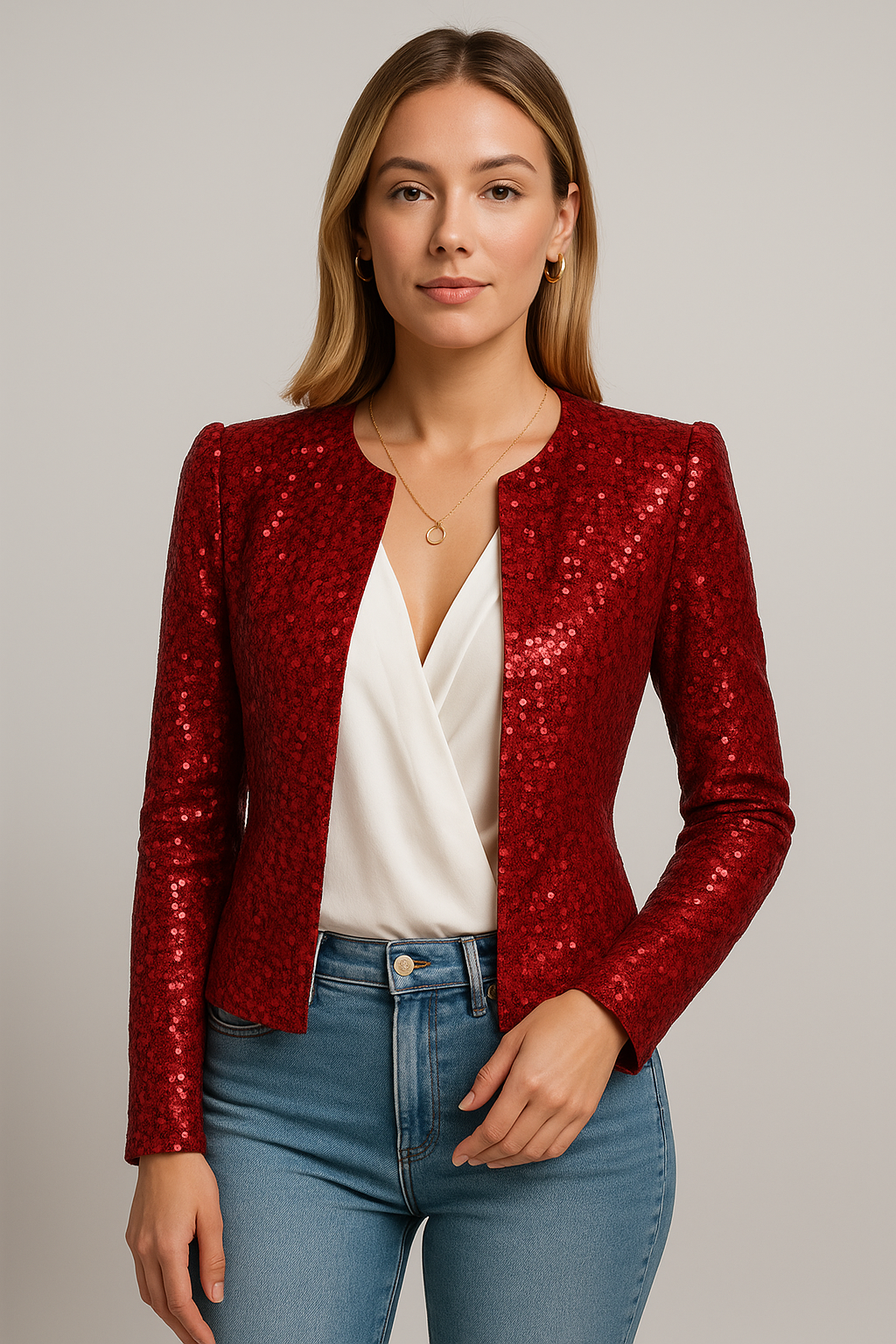 Women’s Tailored Jacket – Sequin Embellished – Fitted Silhouette – Long Sleeve – Open Front