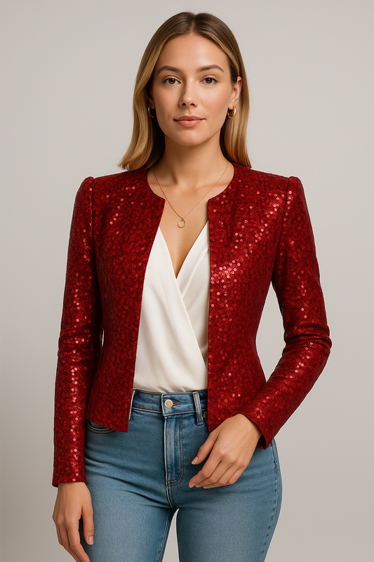 Women’s Tailored Jacket – Sequin Embellished – Fitted Silhouette – Long Sleeve – Open Front