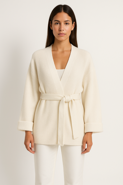 Women’s Knitted Cardigan – Oversized Fit – Soft Ribbed Texture – Tie Waist – V-Neck