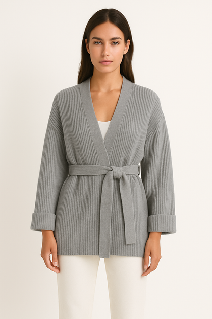 Women’s Knitted Cardigan – Oversized Fit – Soft Ribbed Texture – Tie Waist – V-Neck