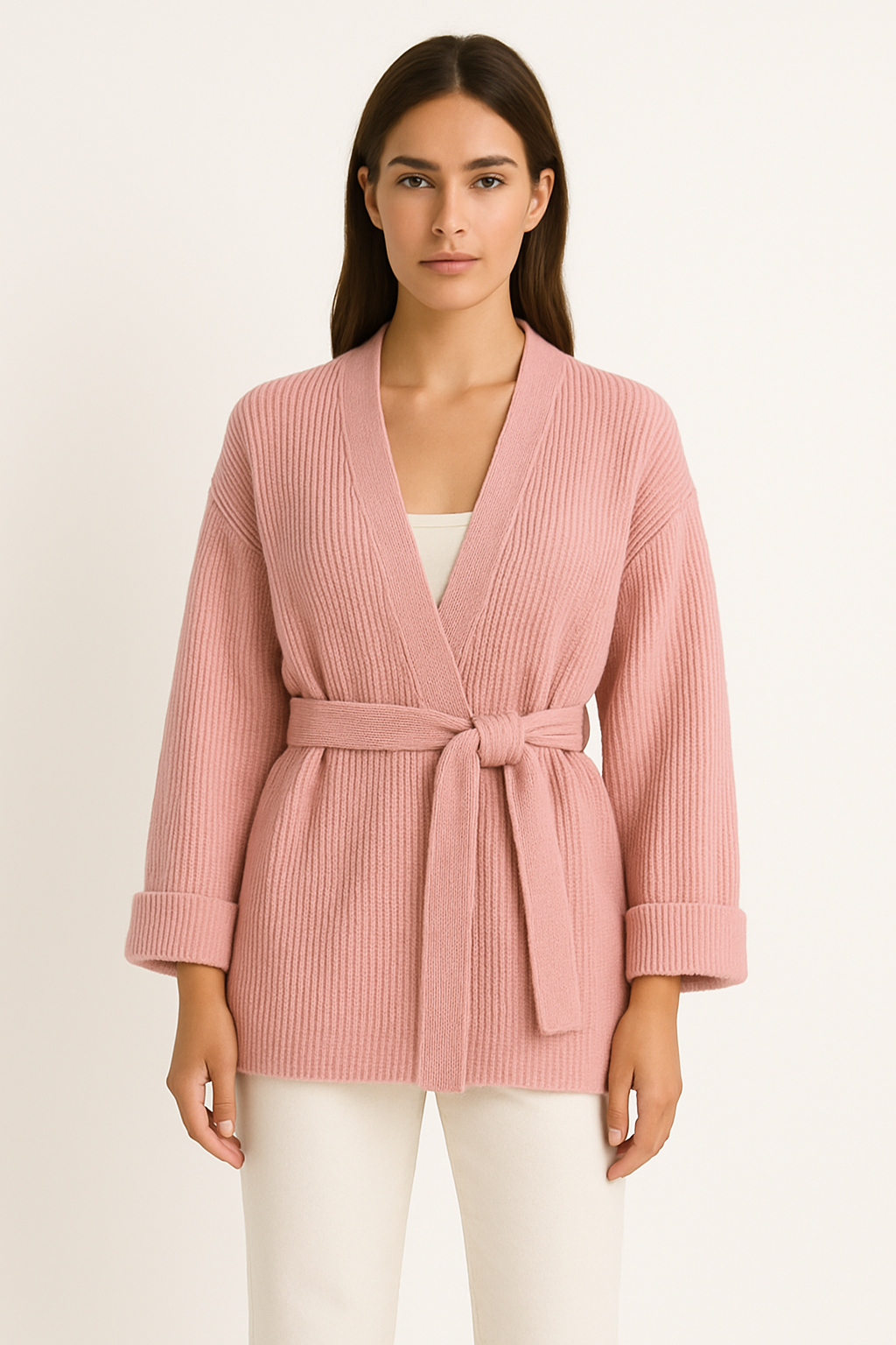 Women’s Knitted Cardigan – Oversized Fit – Soft Ribbed Texture – Tie Waist – V-Neck