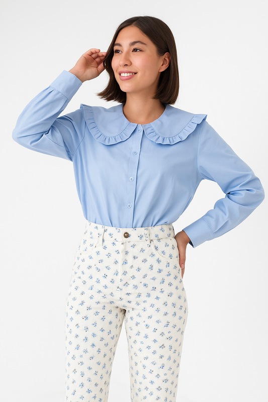 Women’s Oversized Blouse – Breathable Blend – Ruffled Collar – Button Down Long Sleeve