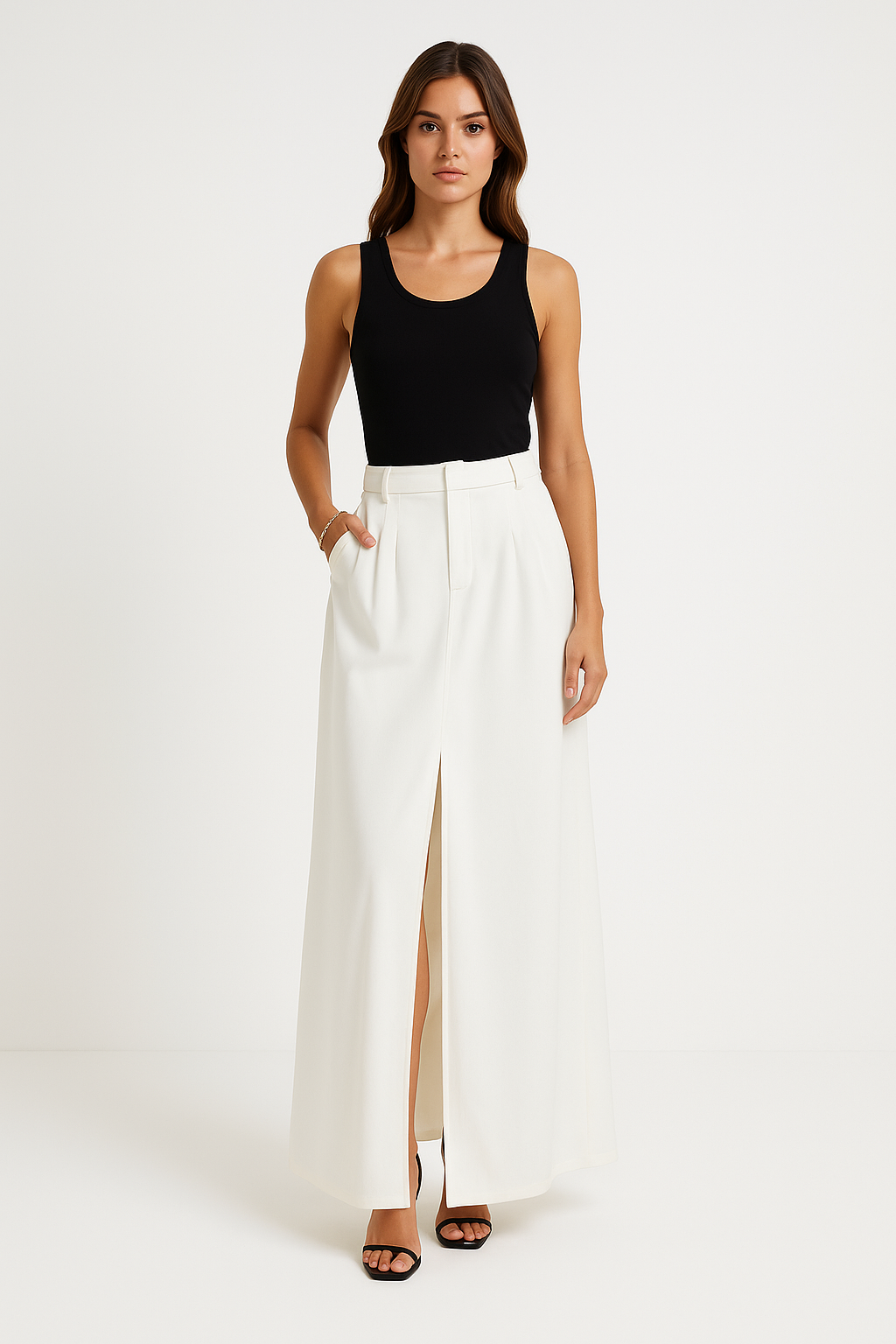 Women’s A-Line Skirt – High Waist – Front Slit – Belt Loop – Full Length –Elegance