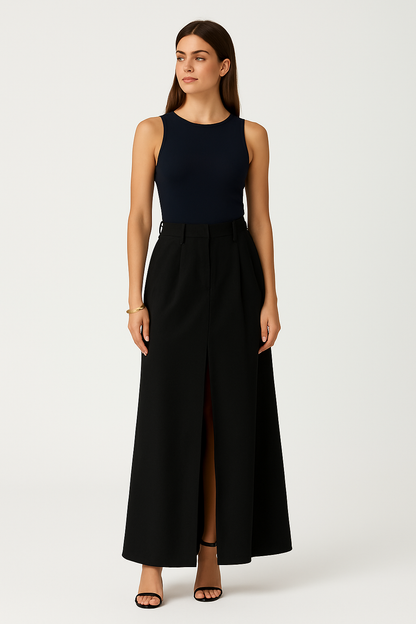 Women’s A-Line Skirt – High Waist – Front Slit – Belt Loop – Full Length –Elegance