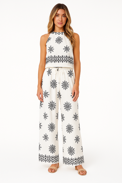 Women’s Two-Piece Set – Sleeveless Crop Top – High Waist Wide-Leg Pants – Cotton Blend