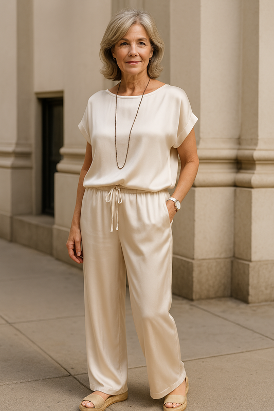 Women’s Two-Piece Set – Relaxed Fit – Wide-Leg Pants – Drawstring Waist – Soft Touch Fabric