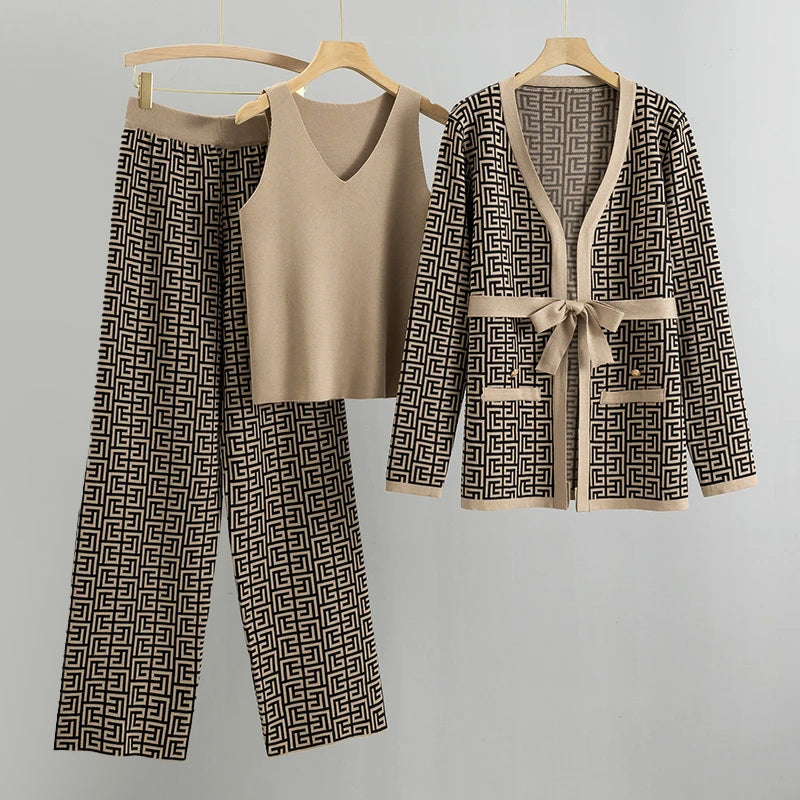 Women’s Knit Co-Ord Set – Slim Fit V-Neck Top – High-Waist Pants – Belted Cardigan