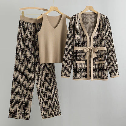 Women’s Knit Co-Ord Set – Slim Fit V-Neck Top – High-Waist Pants – Belted Cardigan