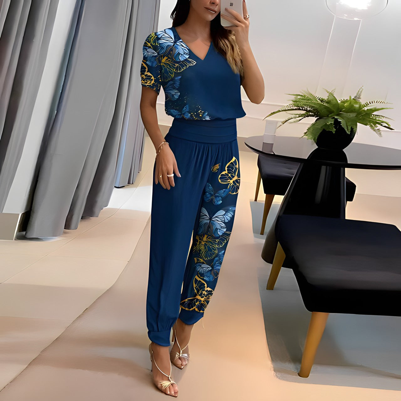 Women’s Blouse & Pants Set – Relaxed Fit – V-Neck – Puff Sleeve – Lightweight Breathable Cotton