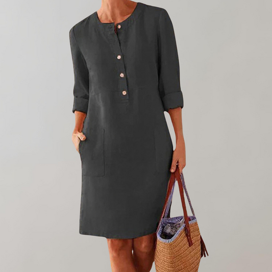 Women’s Button-Down Dress – Cotton Blend – Relaxed Fit – Knee Length – 3/4 Sleeve – Pockets