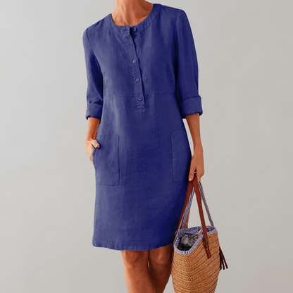 Women’s Button-Down Dress – Cotton Blend – Relaxed Fit – Knee Length – 3/4 Sleeve – Pockets