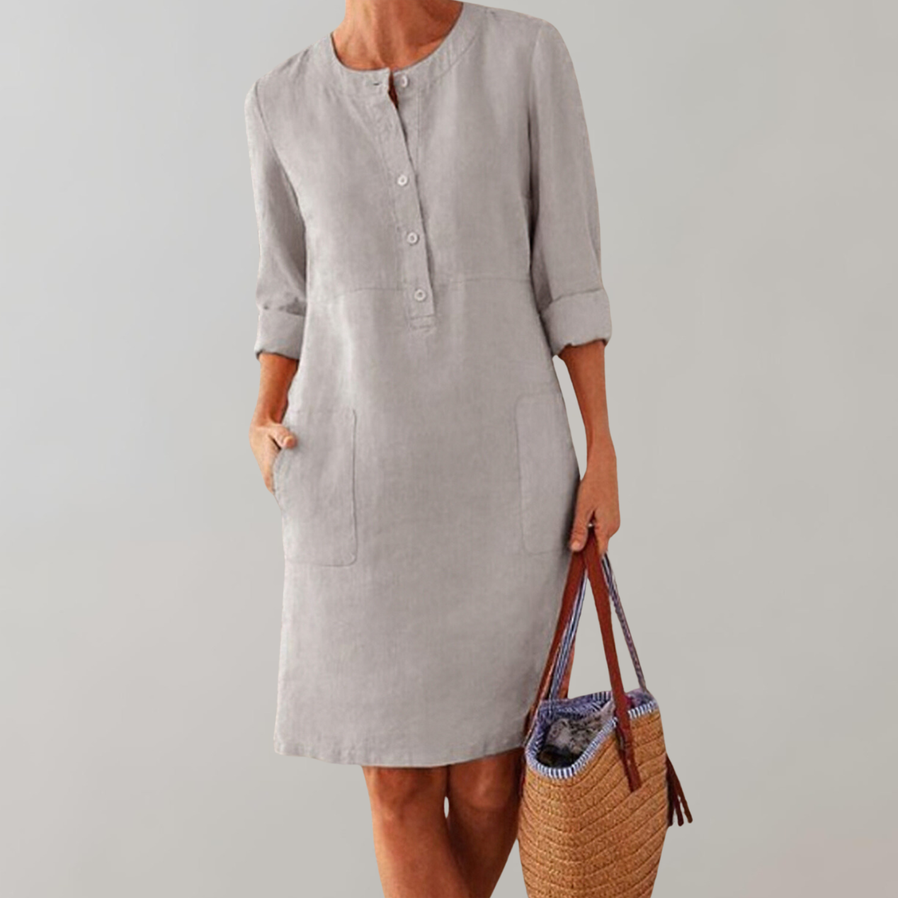 Women’s Button-Down Dress – Cotton Blend – Relaxed Fit – Knee Length – 3/4 Sleeve – Pockets