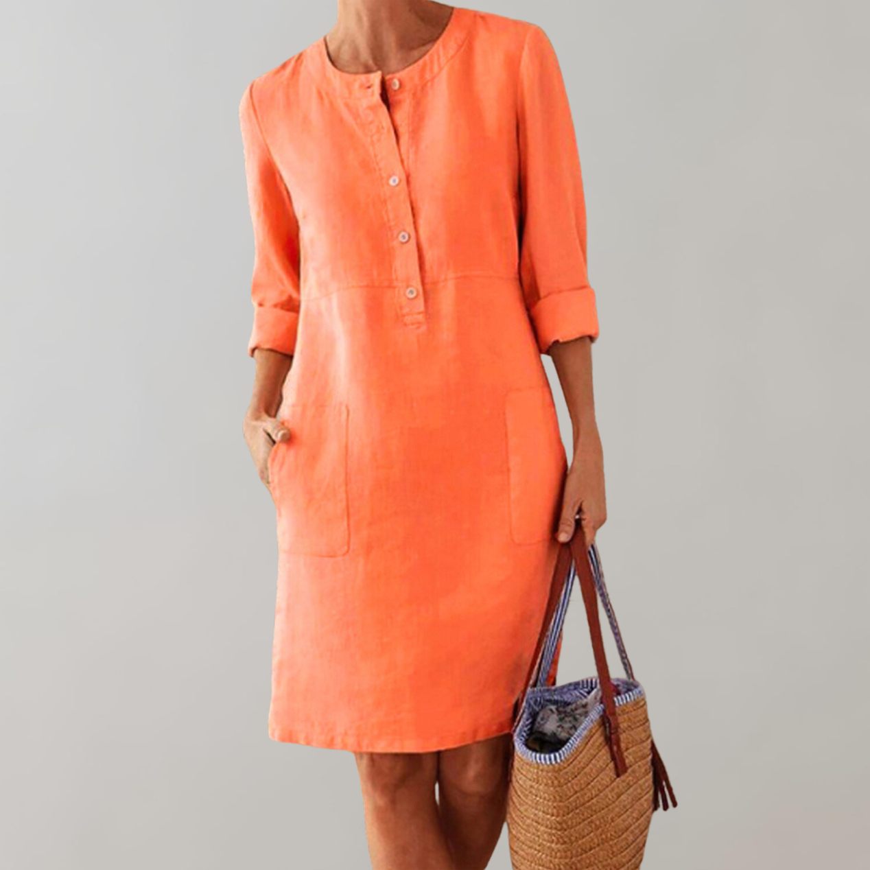 Women’s Button-Down Dress – Cotton Blend – Relaxed Fit – Knee Length – 3/4 Sleeve – Pockets