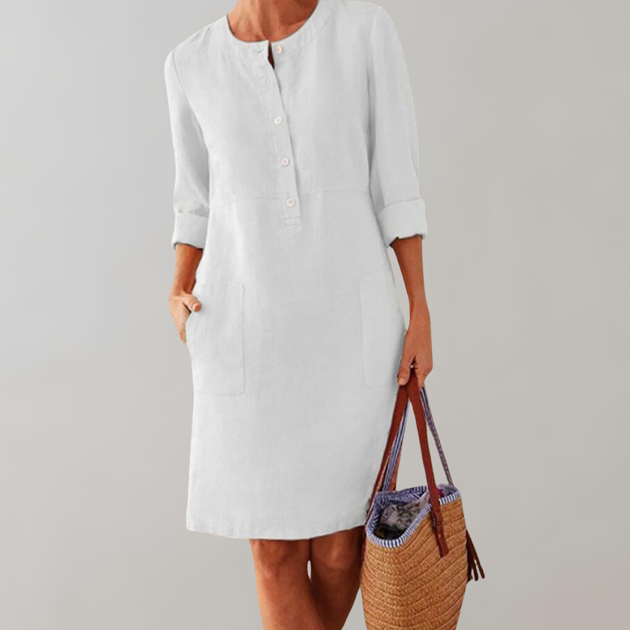 Women’s Button-Down Dress – Cotton Blend – Relaxed Fit – Knee Length – 3/4 Sleeve – Pockets