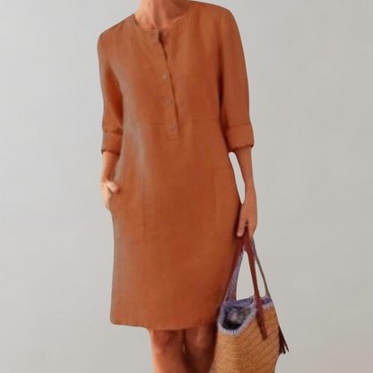 Women’s Button-Down Dress – Cotton Blend – Relaxed Fit – Knee Length – 3/4 Sleeve – Pockets