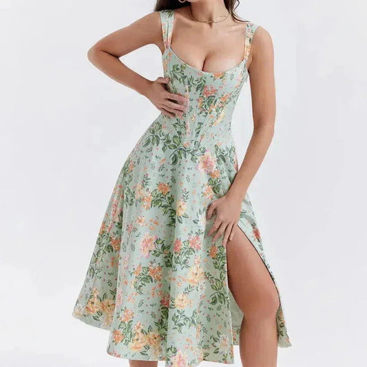 Women’s Midi Dress – Corset Bodice – Wide Straps – Side Slit – Floral Print
