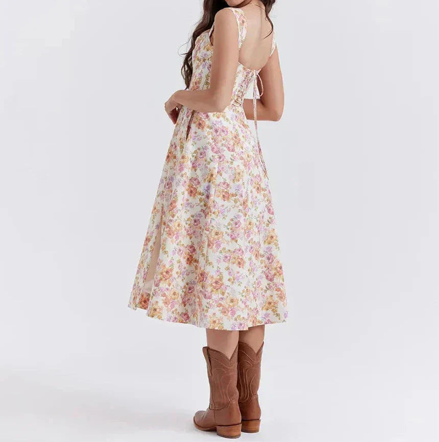 Women’s Midi Dress – Corset Bodice – Wide Straps – Side Slit – Floral Print